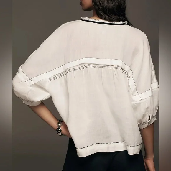 NWT Anthropology Maeve Balloon-Sleeve V-Neck Stitched Blouse Size M - Picture 2 of 8